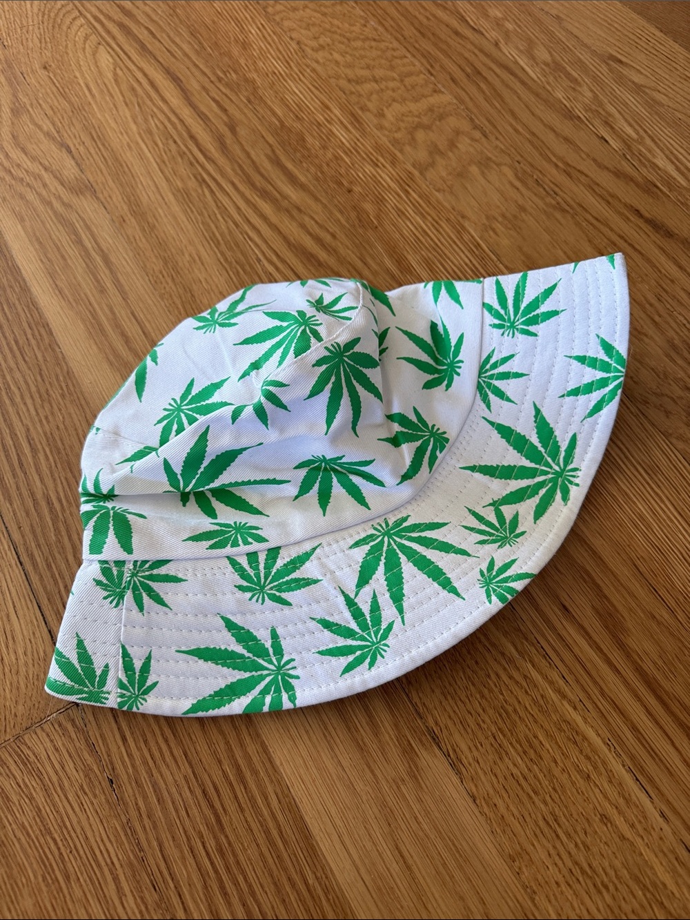 White Bucket Hat with Green Leaf Print